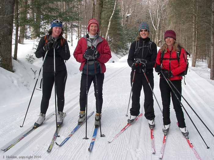 Four Women on Skis on Pine Road